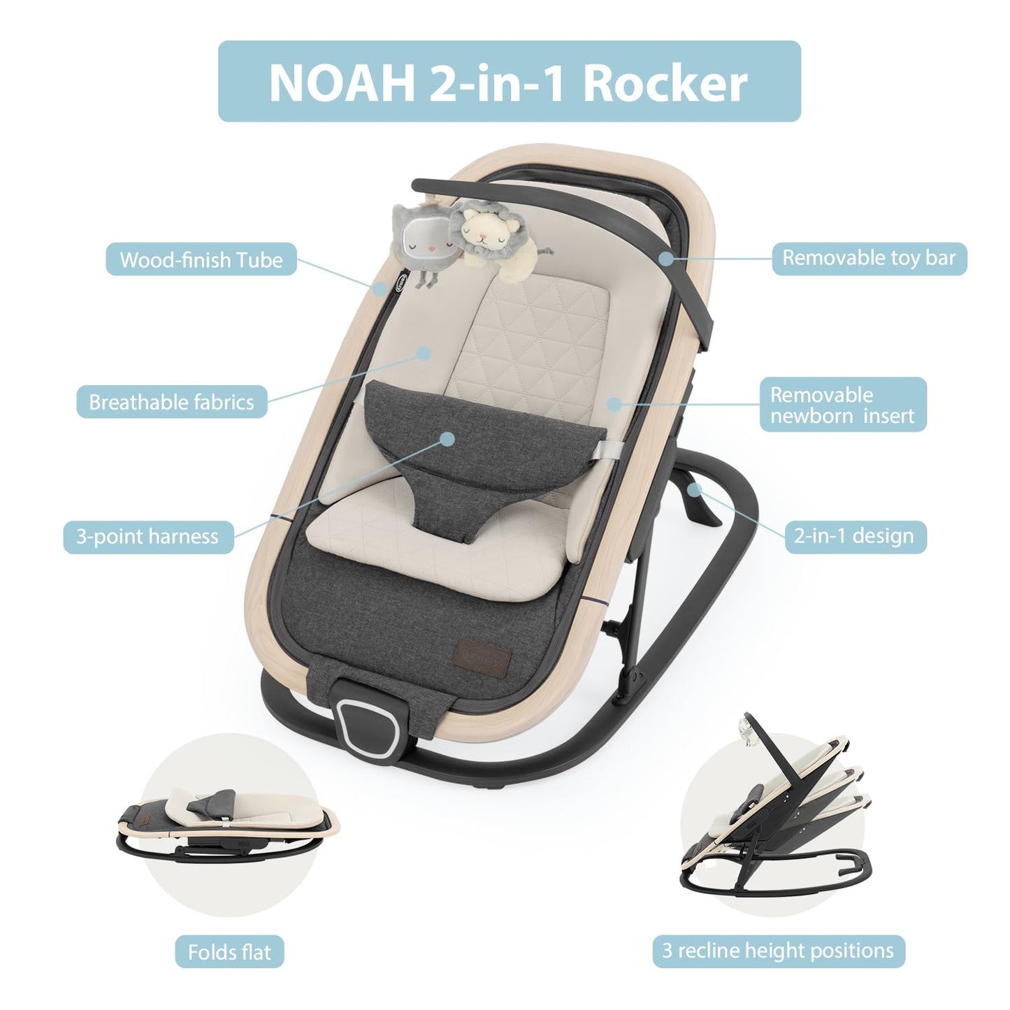 Side profile of Qutanix Noah bouncer showing 3-position recline
