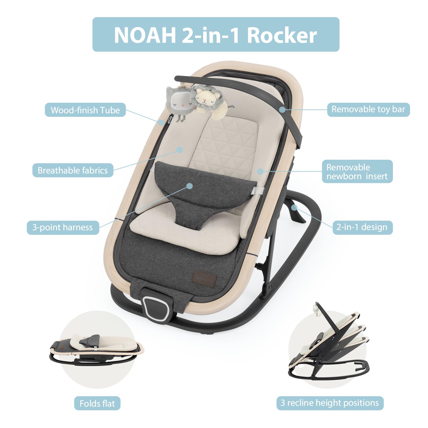 Side profile of Qutanix Noah bouncer showing 3-position recline