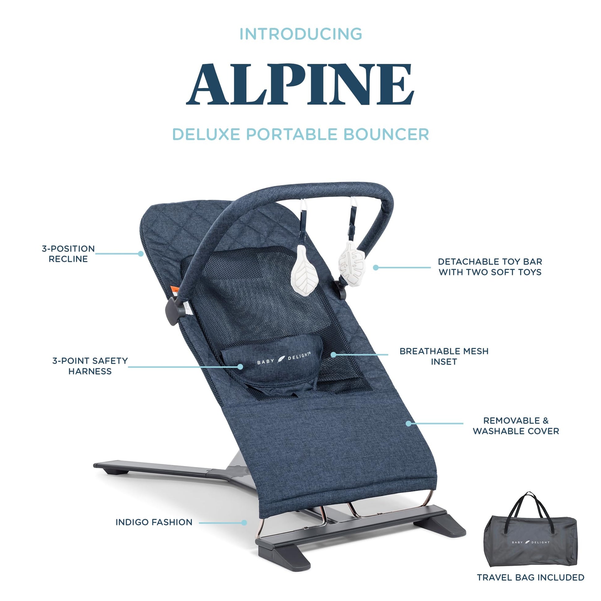 Side profile of Baby Delight Alpine Deluxe infant bouncer