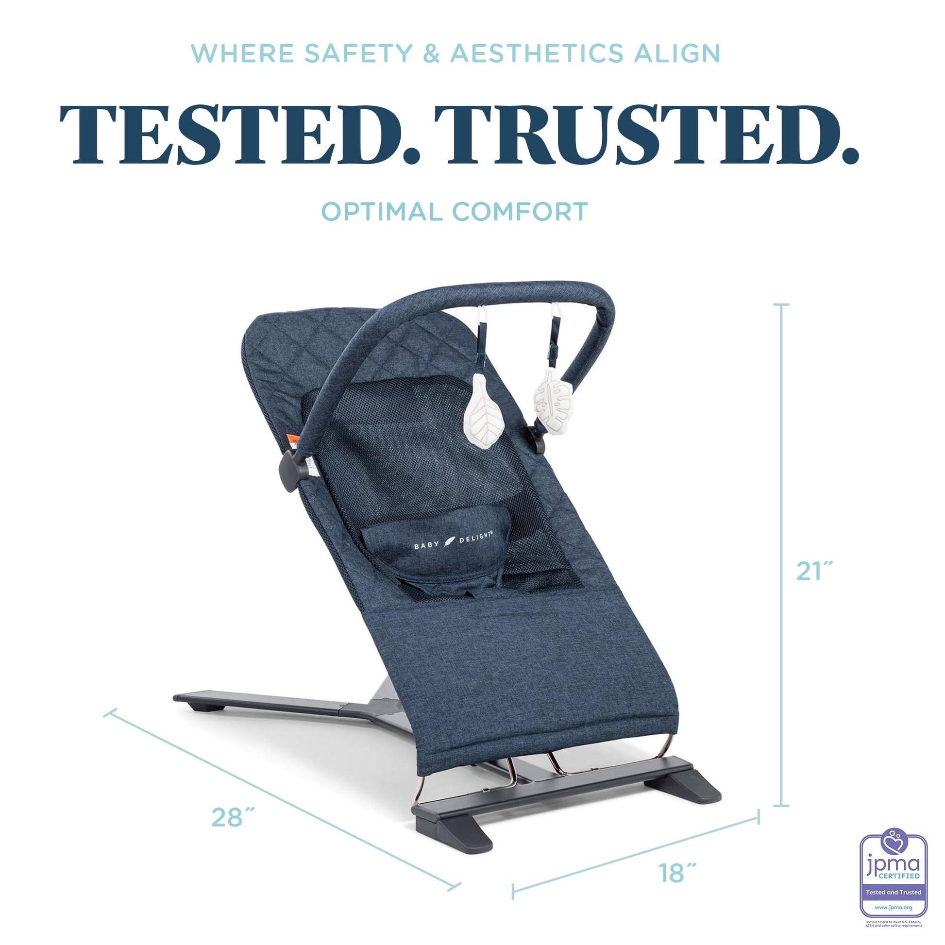 Baby Delight quilted indigo bouncer showing 3-point harness