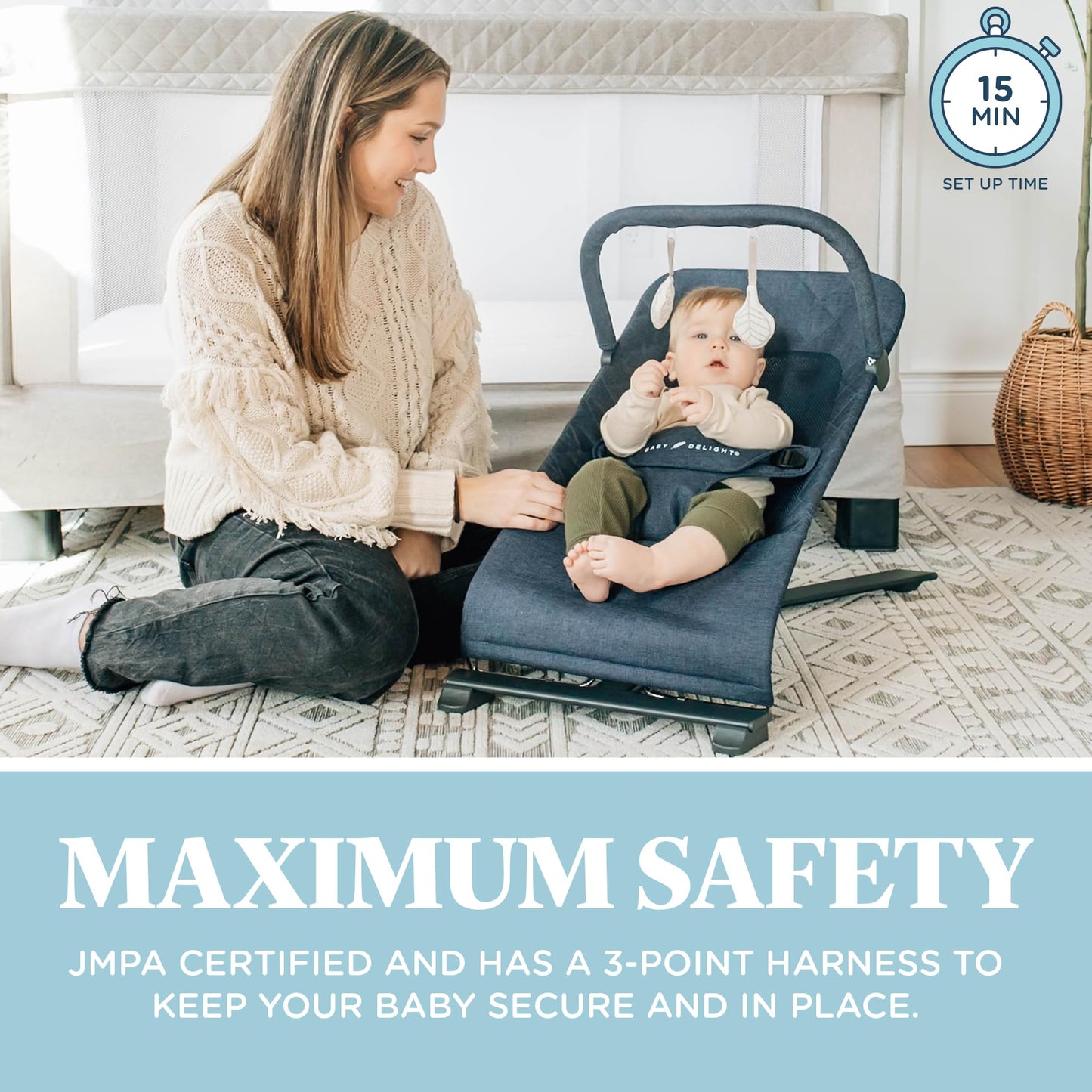 Folded Baby Delight Alpine Deluxe bouncer for portability