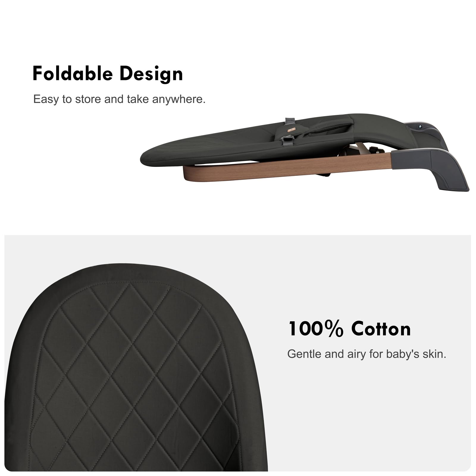 Top down view of ergonomic baby seat fabric and frame