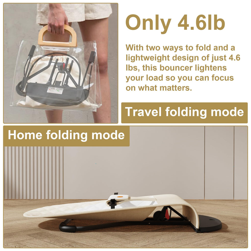 Folded portable baby bouncer frame showing compact travel-friendly structure