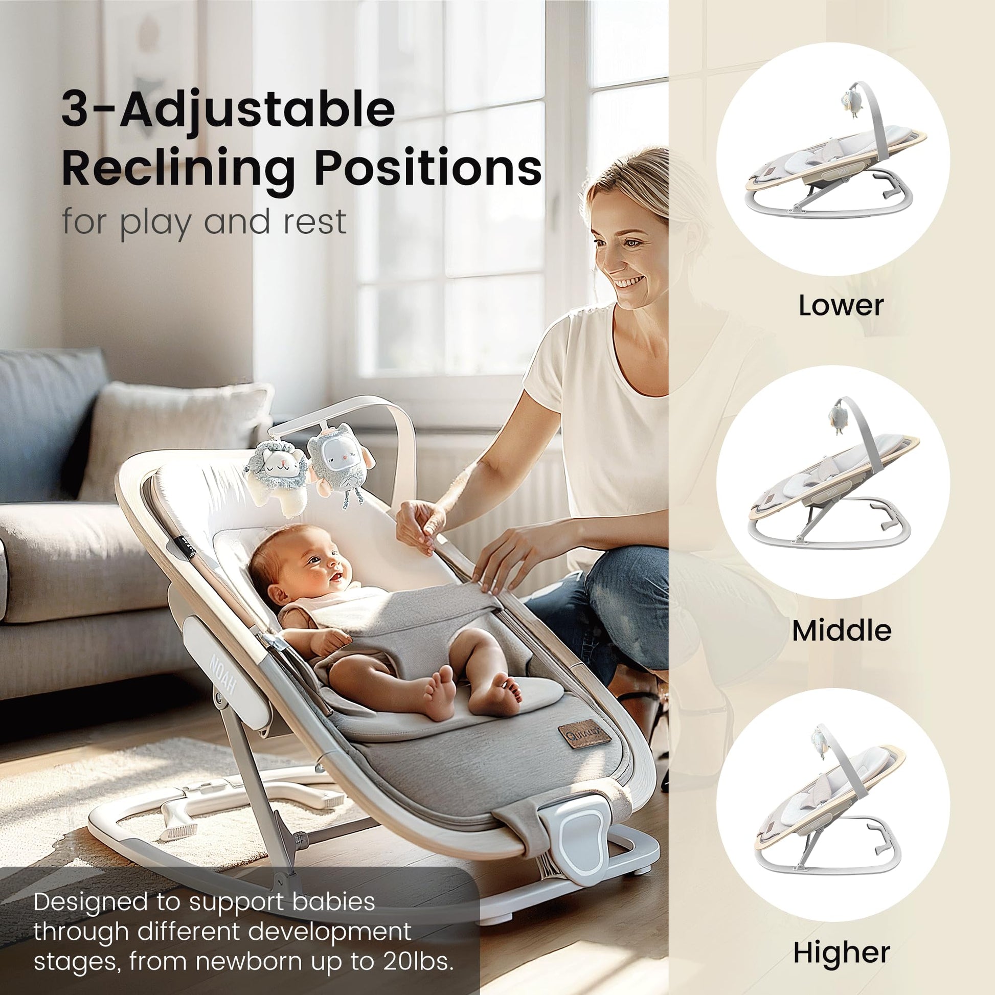 Side view of Ikomzy 3-position reclining baby bouncer