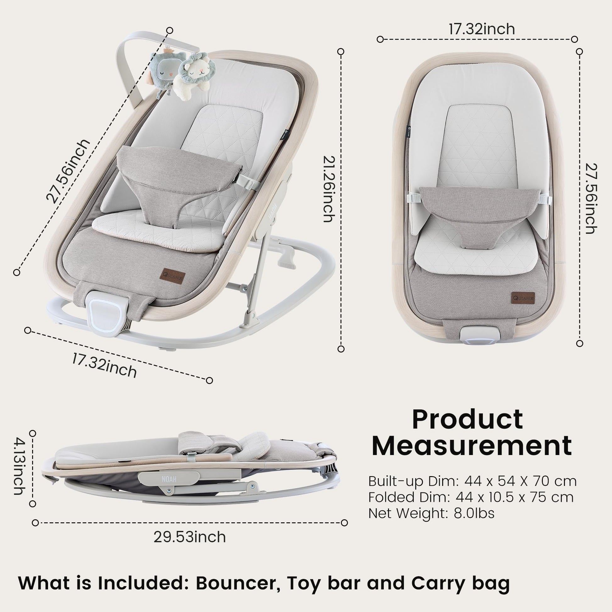 Detail view of premium wood accents on Ikomzy bouncer