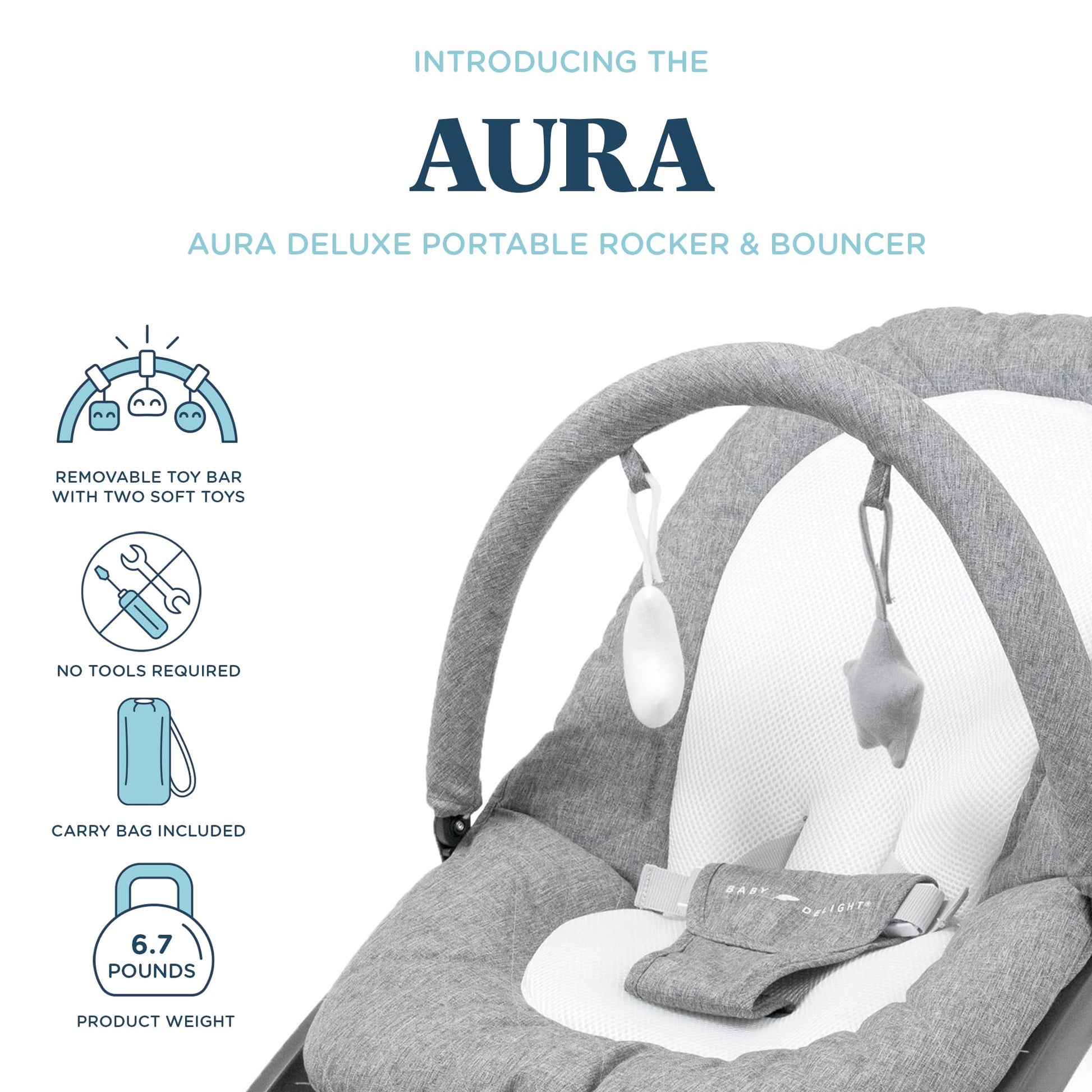 Baby Delight Aura Deluxe baby rocker showing toy bar and plush toys