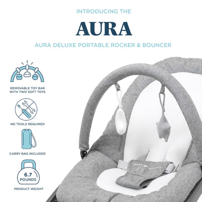 Baby Delight Aura Deluxe baby rocker showing toy bar and plush toys