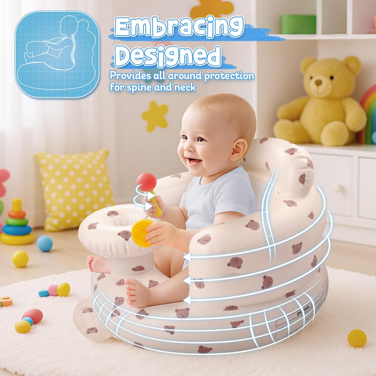 Top view of baby sitting in Arscniek inflatable bear chair
