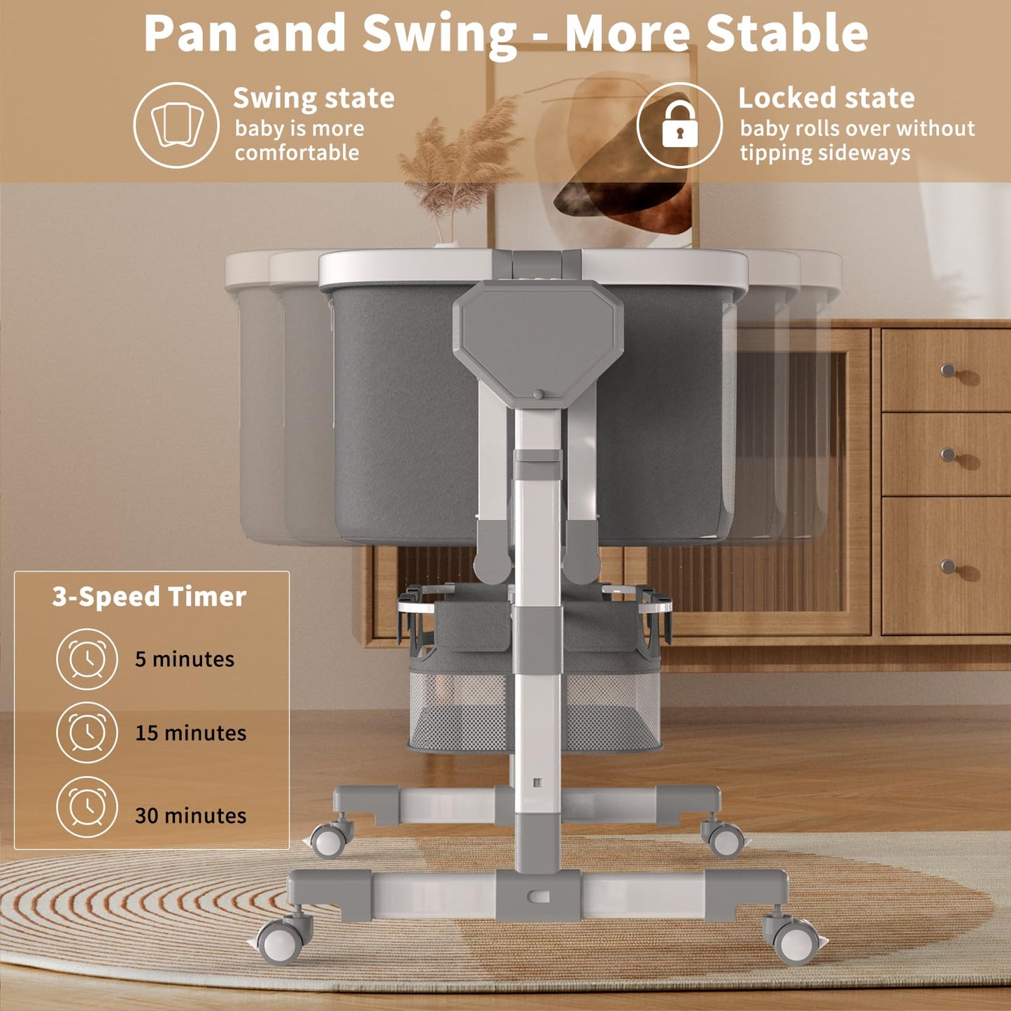 Pionevox baby bedside sleeper showing adjustable height features