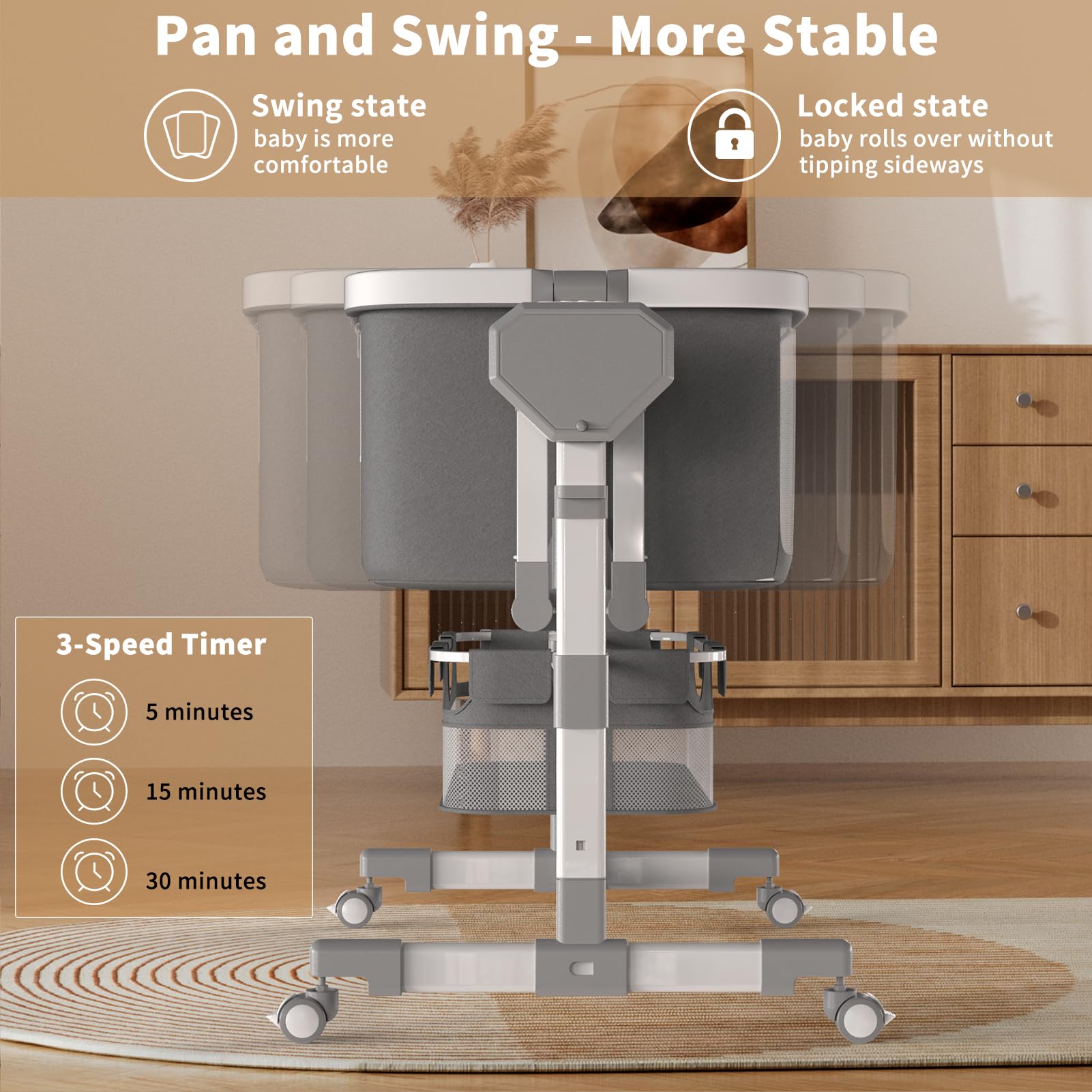 Pionevox baby bedside sleeper showing adjustable height features