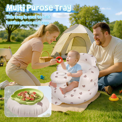 Close up of bear head detailing on portable baby floor seat