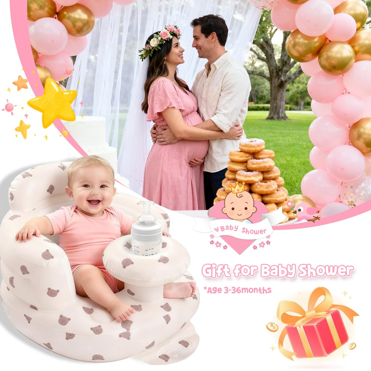 Infant using Arscniek sit-me-up chair for feeding and playing