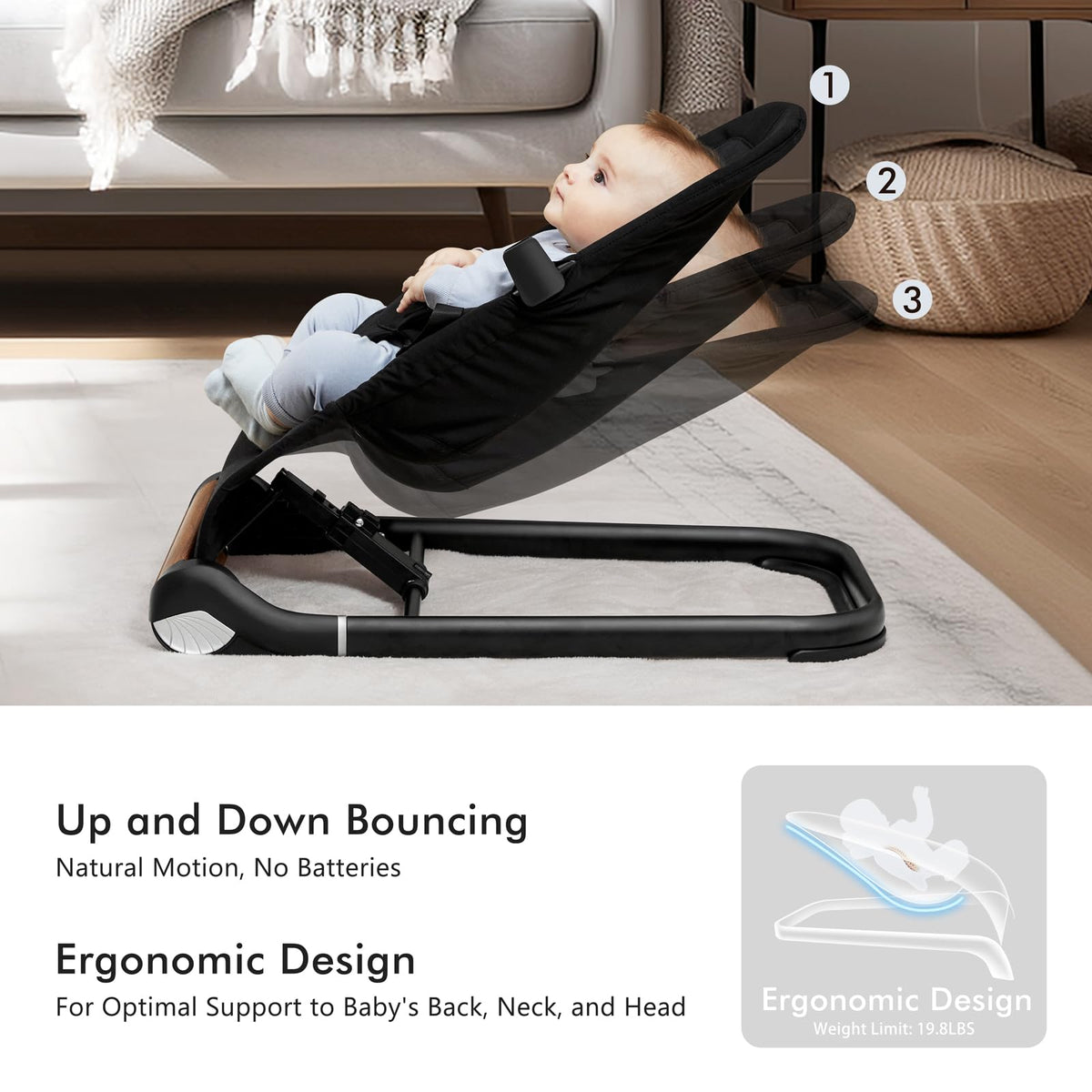 TotRun baby bouncer chair side angle showing quilted fabric and recline