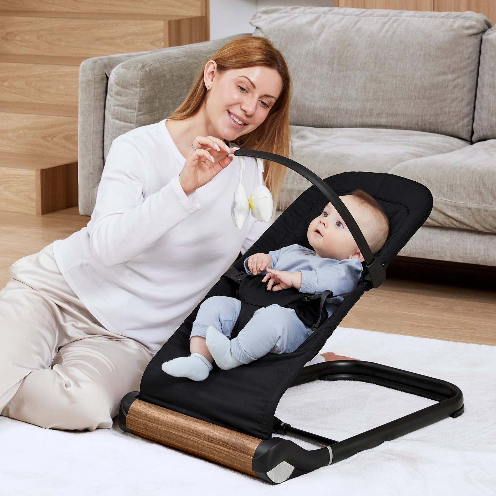 Ergonomic baby bouncer chair folded flat for travel