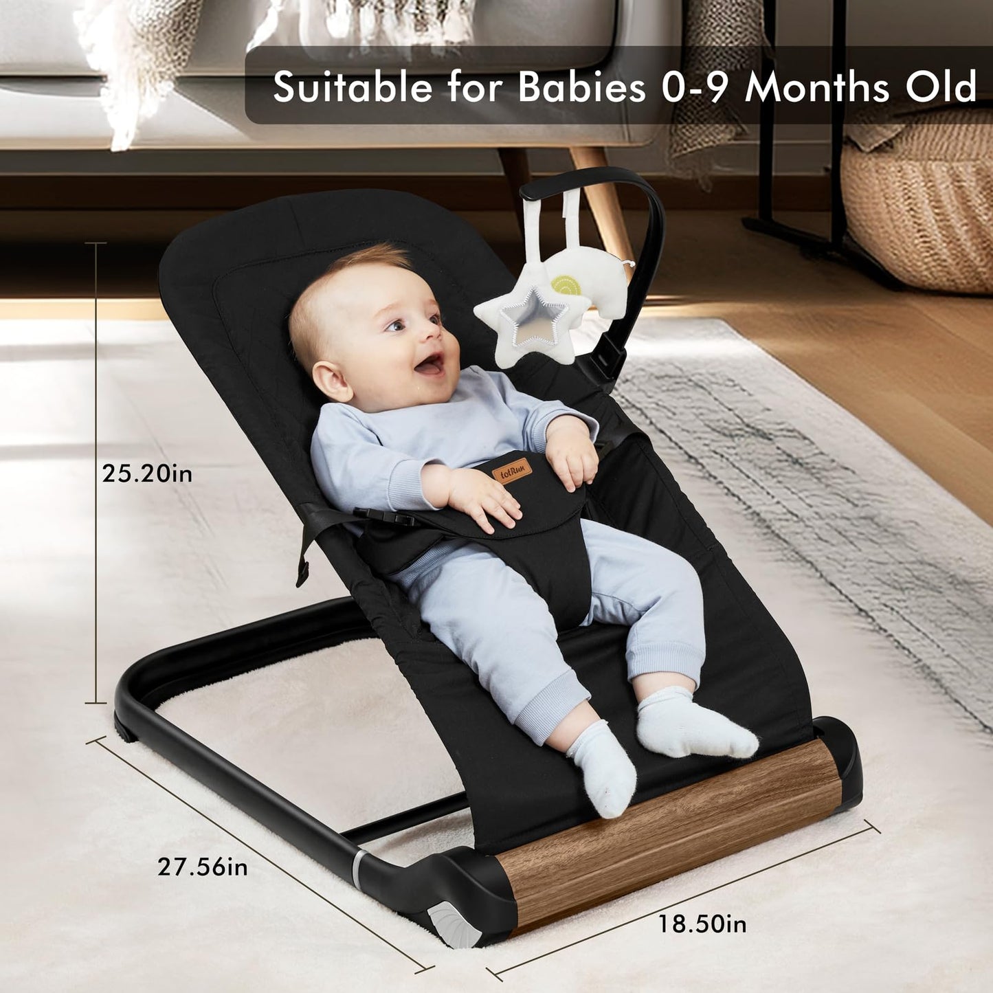Infant sitting in black TotRun bouncer chair