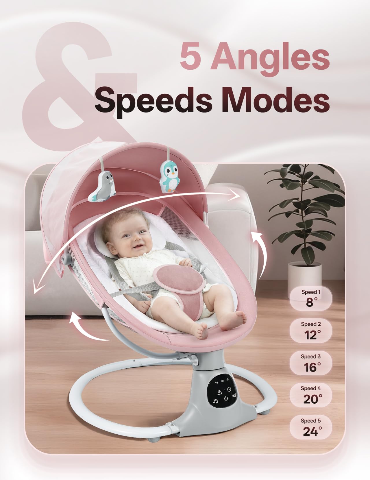 Side view of MelloBubbz baby swing with control panel