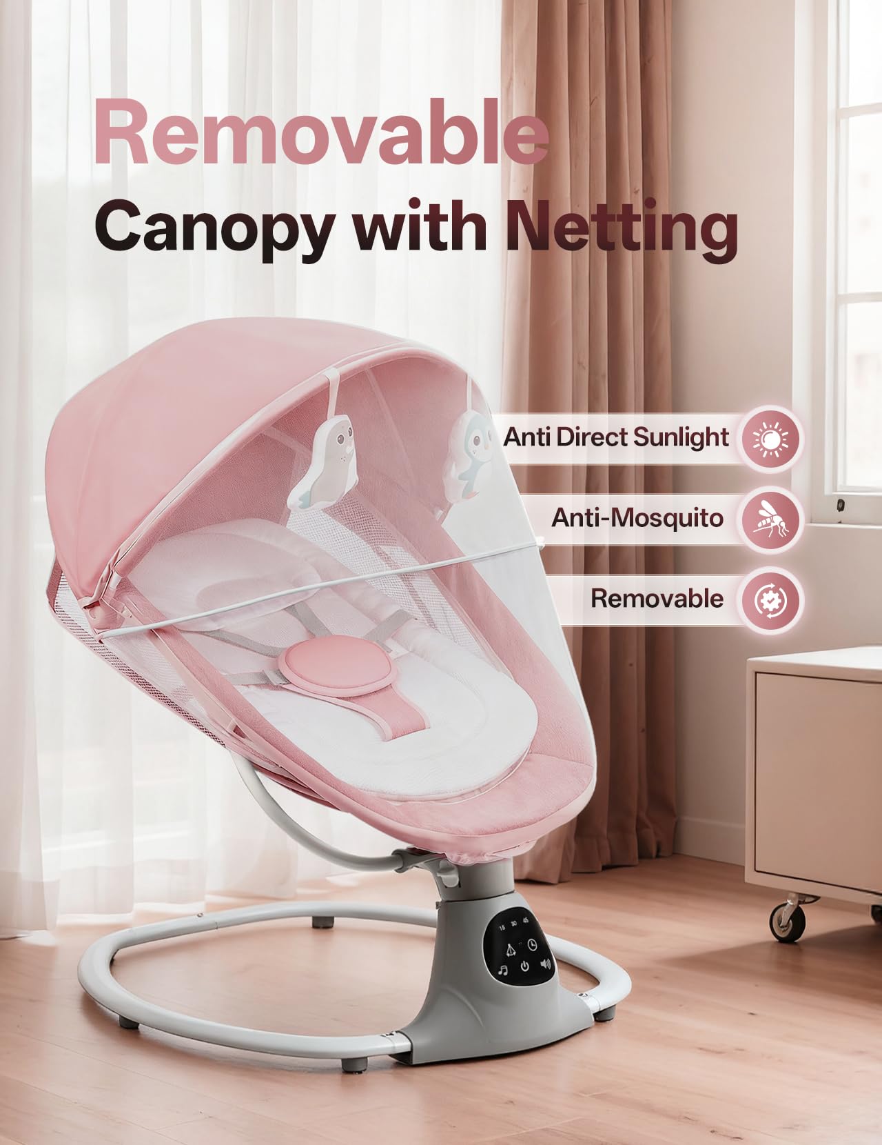 MelloBubbz baby swing showing Bluetooth music feature