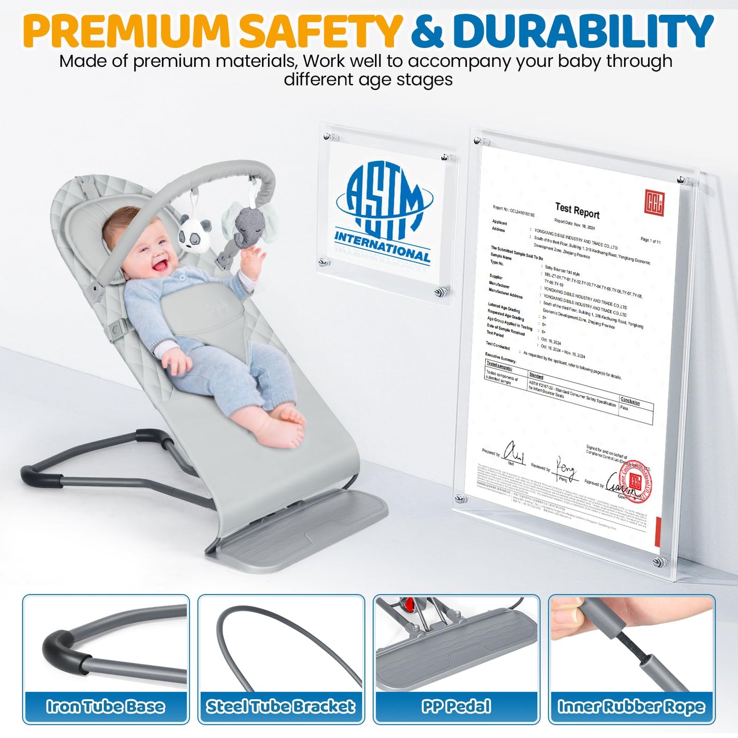 Side view of Orzbow baby bouncer showing recline positions