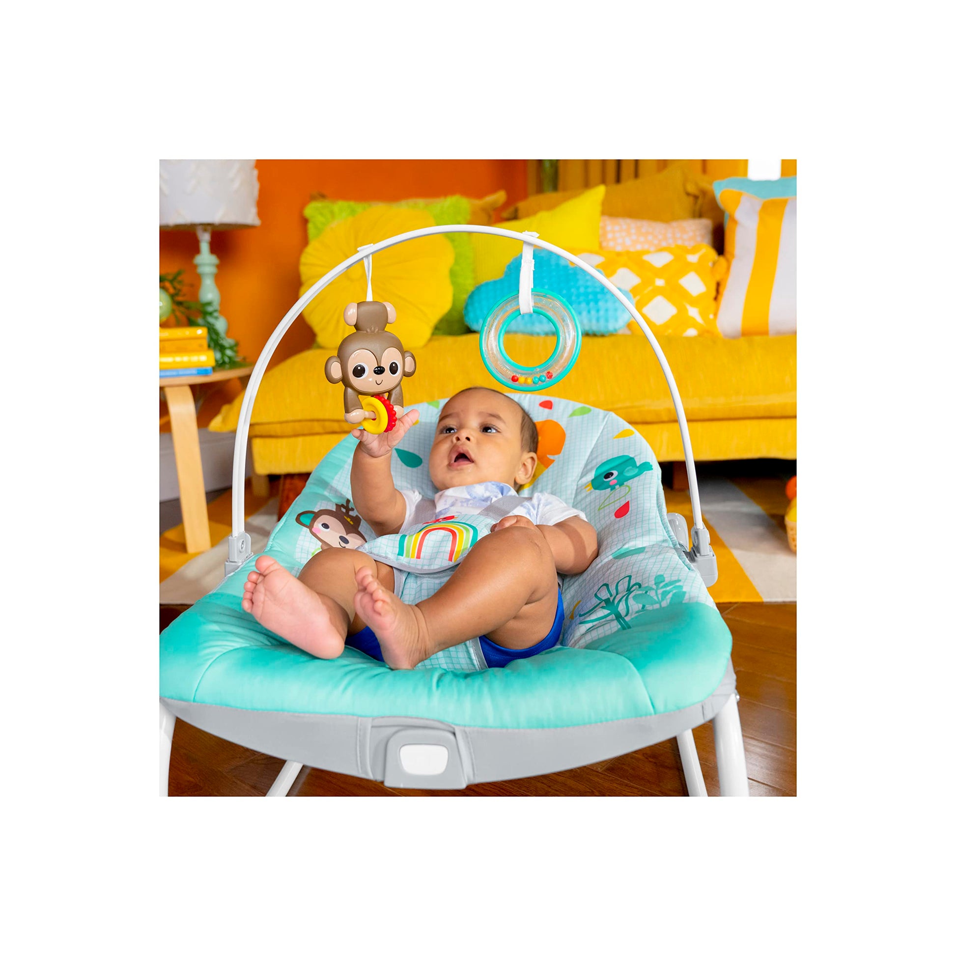 Bright Starts Wild Vibes rocker with toy bar attached