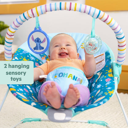 Close up of Stitch themed sensory toys and baby safe mirror
