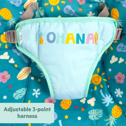 Top view of infant seat pad fabric and Stitch tropical print