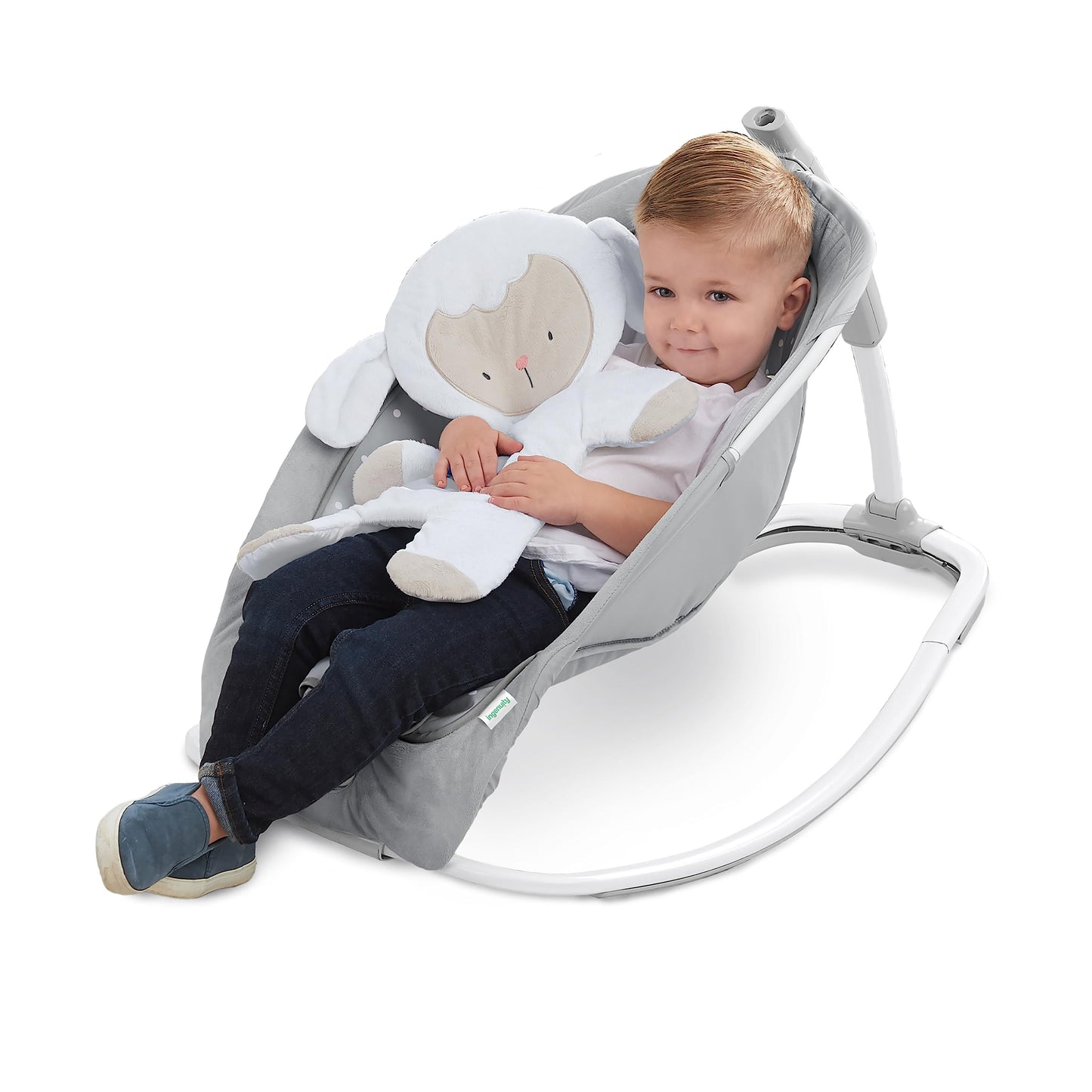 Close up of Ingenuity Cuddle Lamb plush toy and tummy time mat