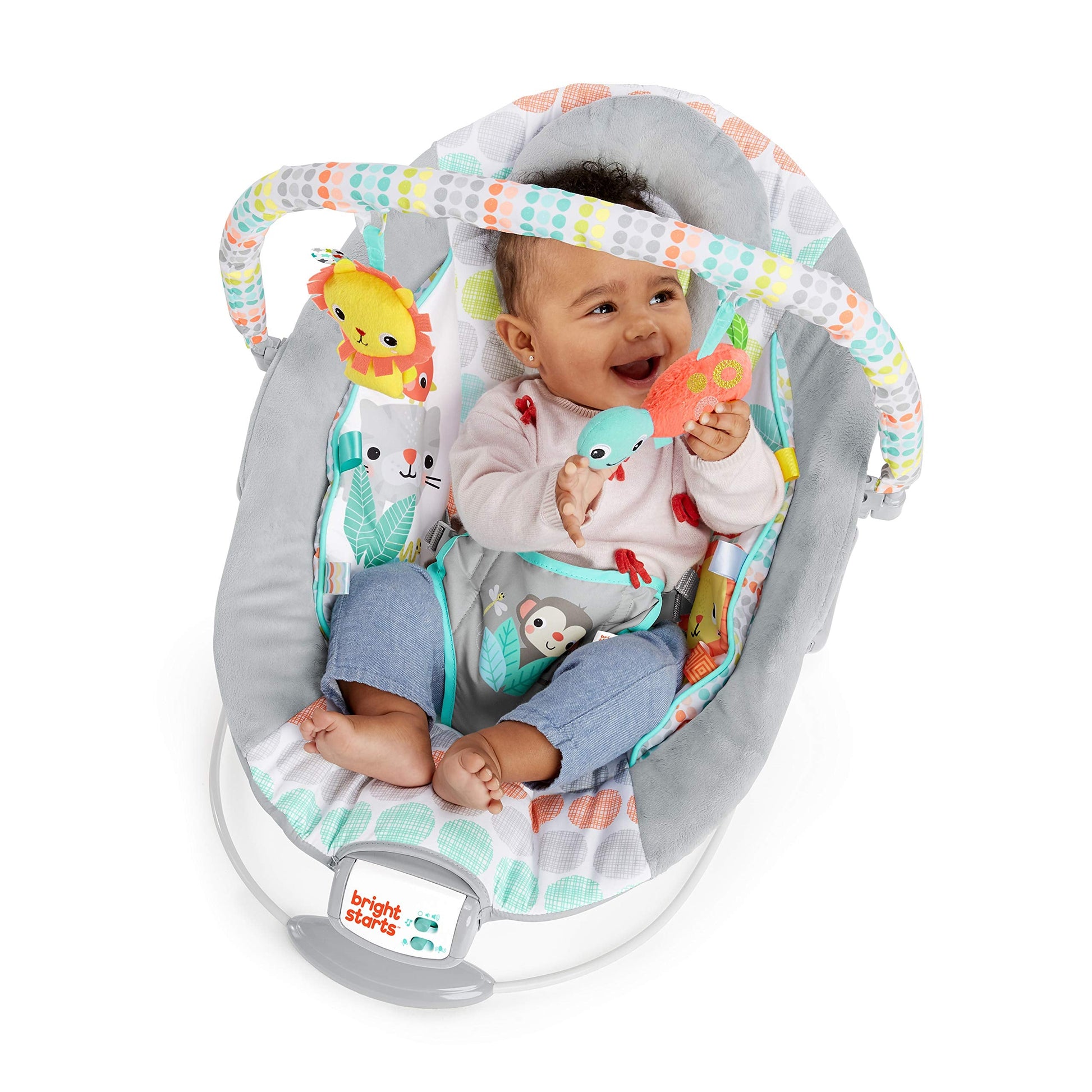 Bright Starts baby bouncer with toy bar and plush toys