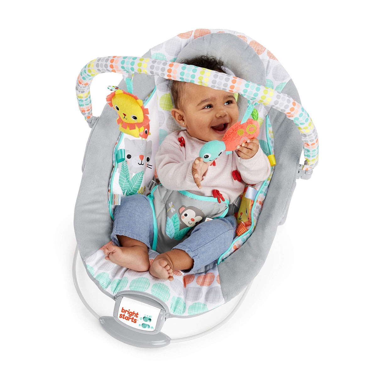 Bright Starts infant bouncer side angle highlighting the sturdy non-slip frame.