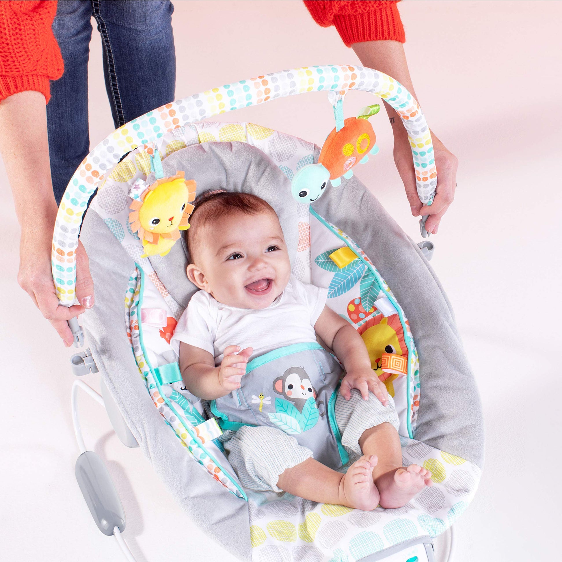 Detailed view of non-slip feet on Bright Starts baby bouncer