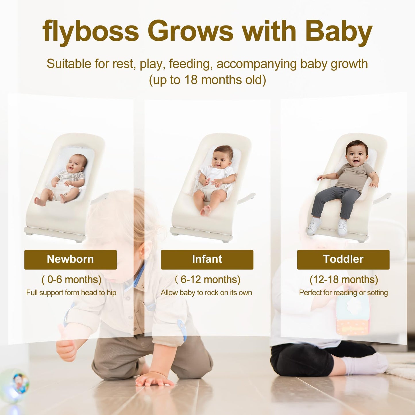 Oatmeal khaki baby bouncer with removable toy bar