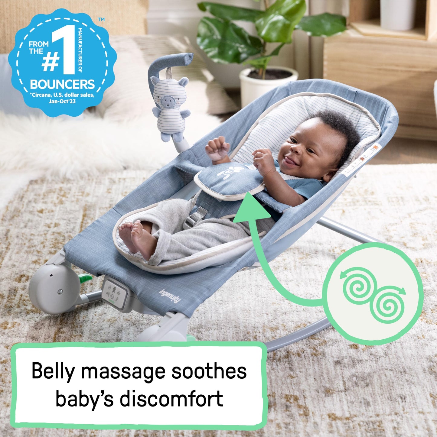 Side view of Ingenuity infant bouncer in rocking position