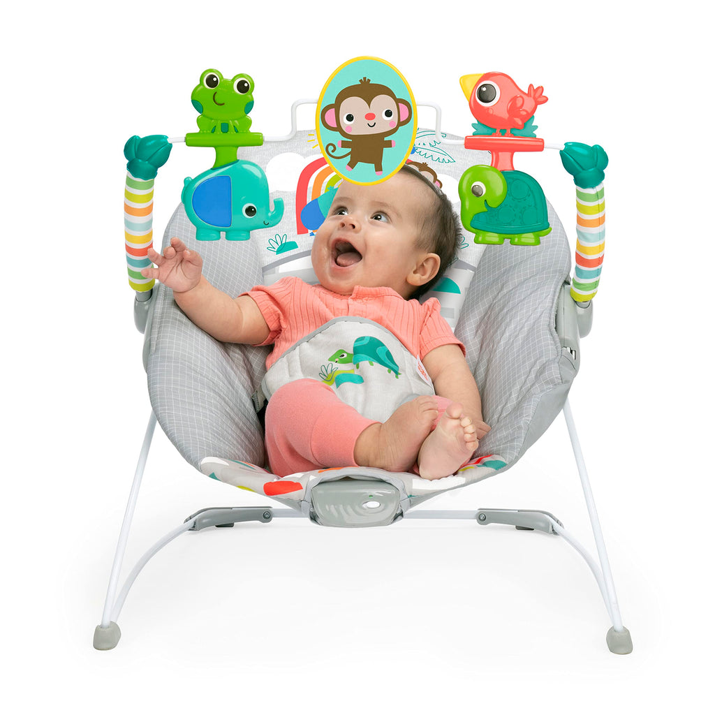 Bright Starts vibrating baby bouncer angled perspective showing seat depth