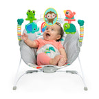 Bright Starts vibrating baby bouncer angled perspective showing seat depth