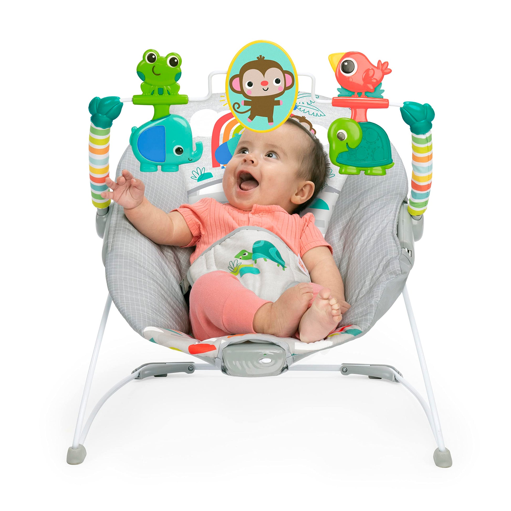 Bright Starts vibrating baby bouncer seat showing plush fabric