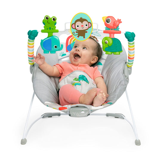 Bright Starts vibrating baby bouncer seat showing plush fabric