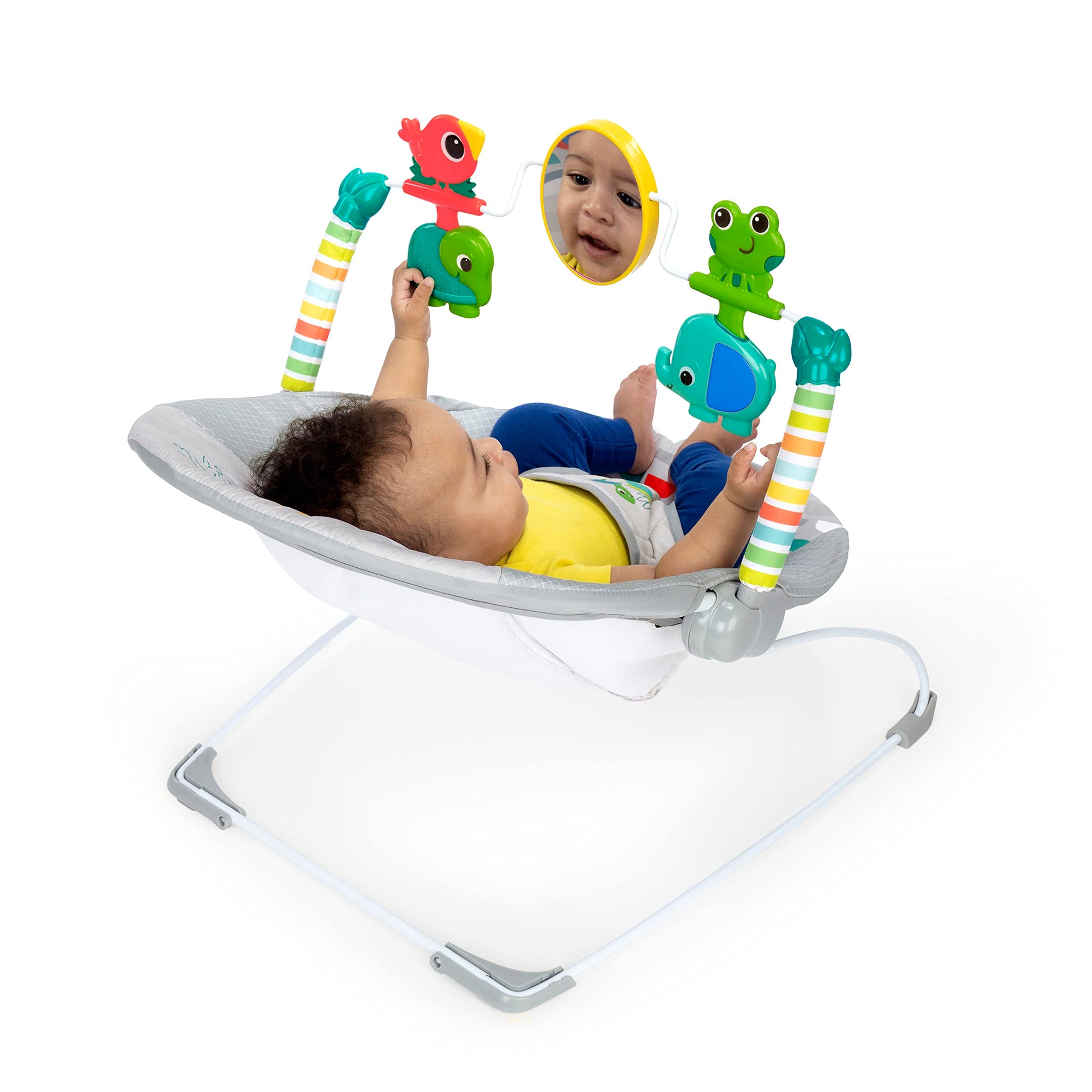 Close up of hanging animal toys on Bright Starts bouncer