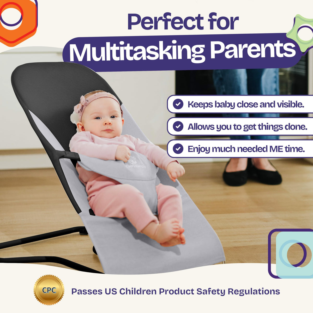 ComfyBumpy grey baby bouncer side profile showing adjustable height positions