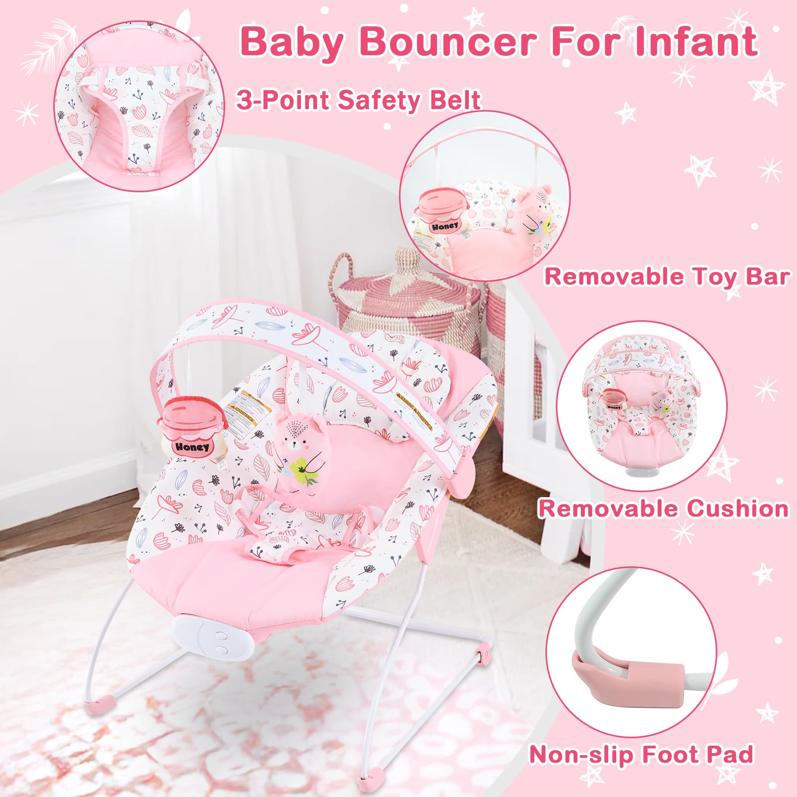 Otrolepota bouncer toy bar with infant sensory rattles