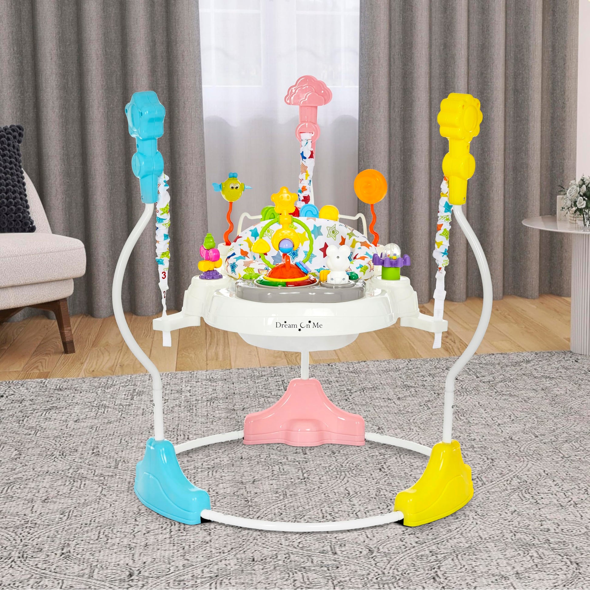 Top-down view of baby activity center and bouncer