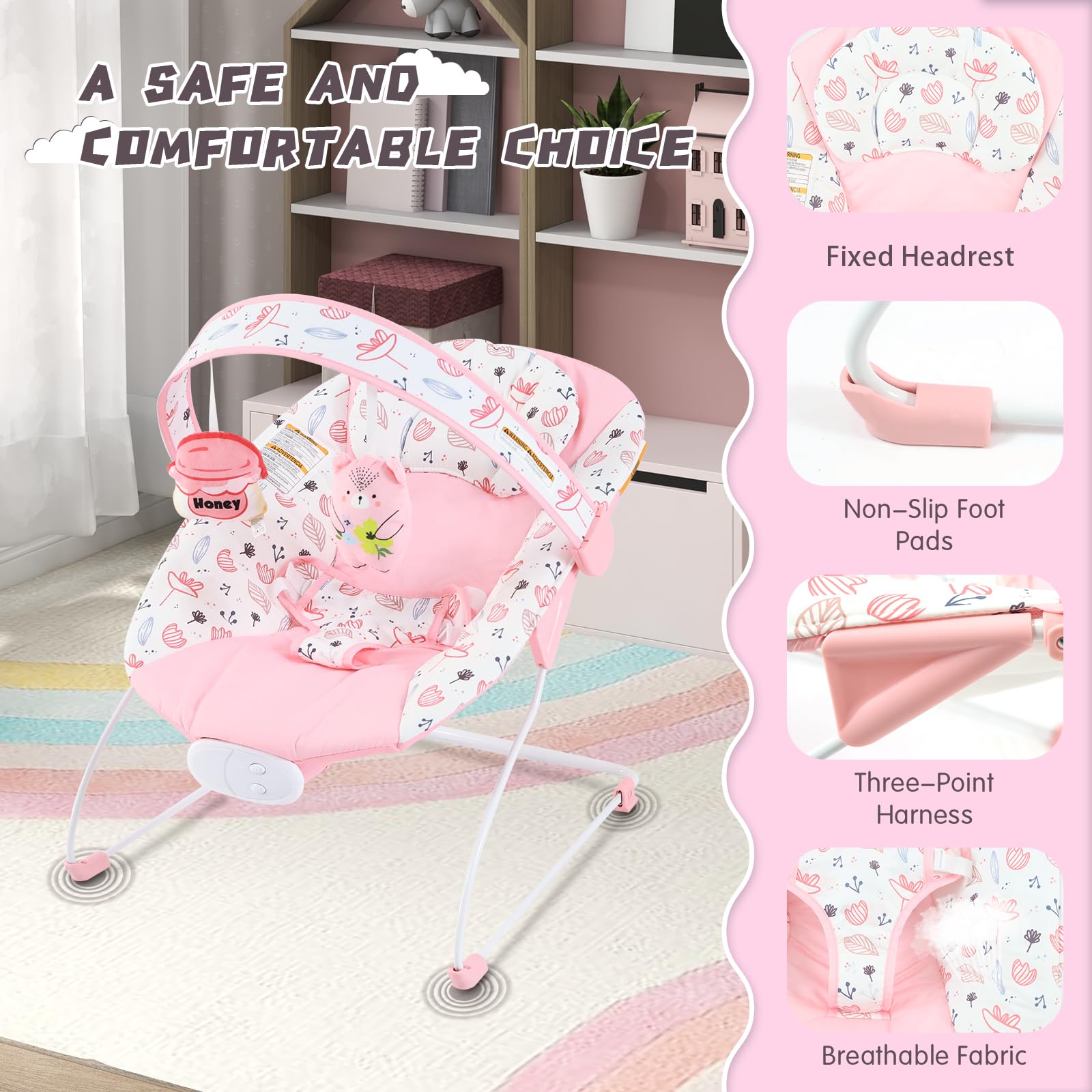 Furmubei infant rocker with adjustable toy bar and pink fabric