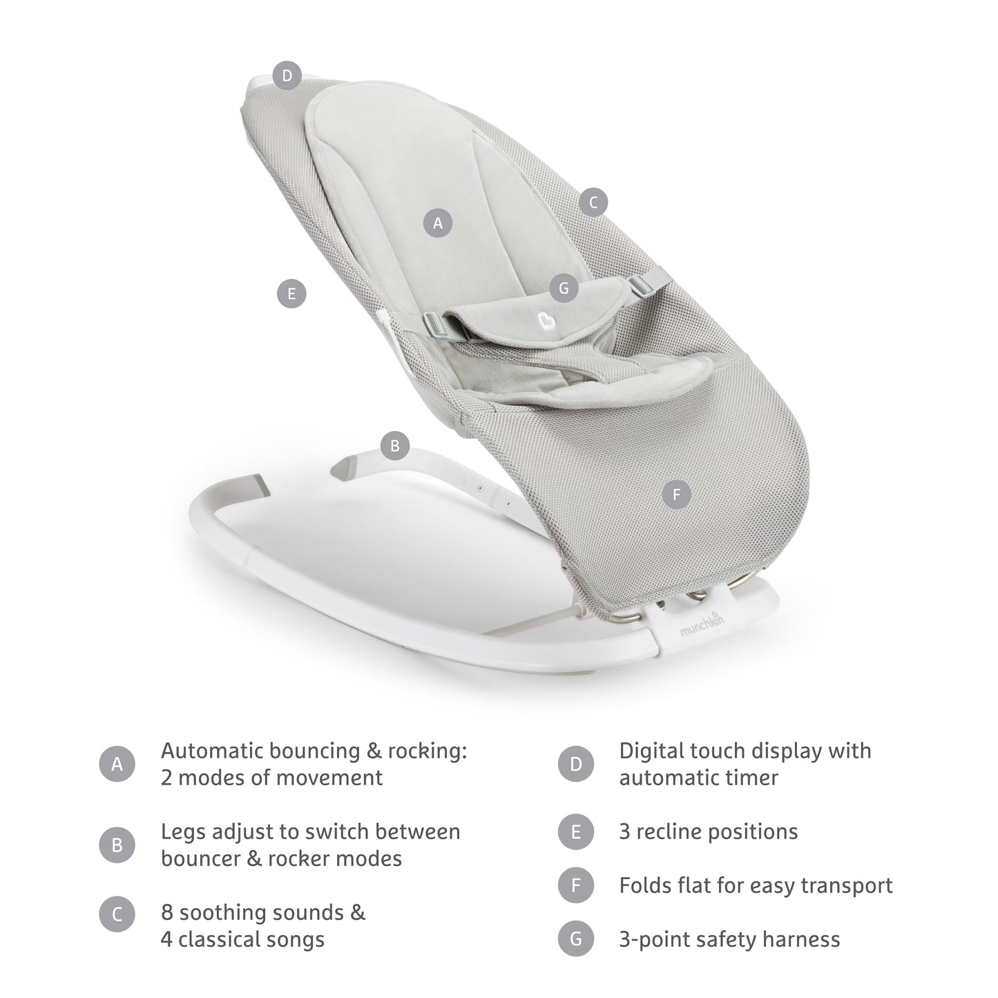 Munchkin baby bouncer with three recline positions side profile