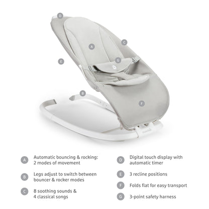Munchkin baby bouncer with three recline positions side profile