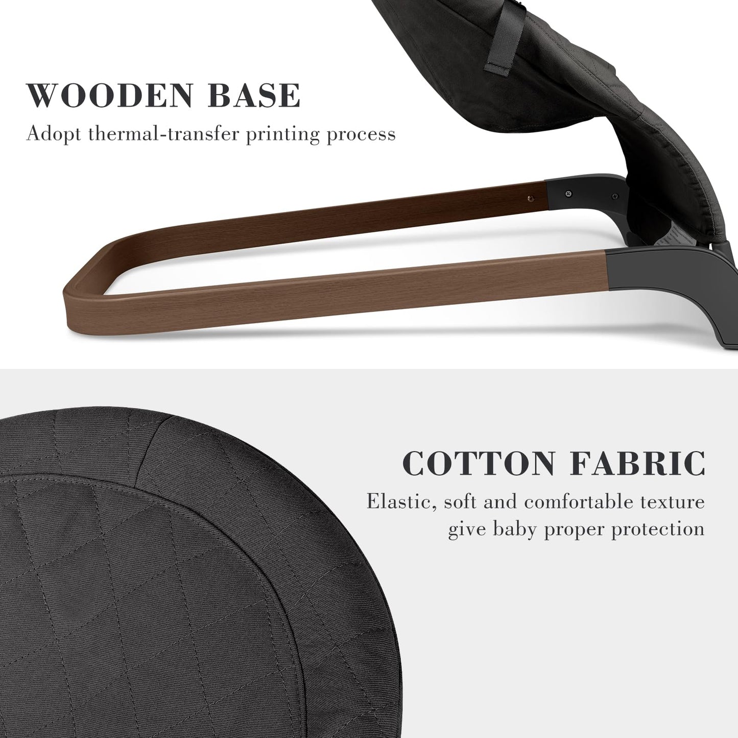 Angelbliss baby bouncer showcasing the wood grain base design