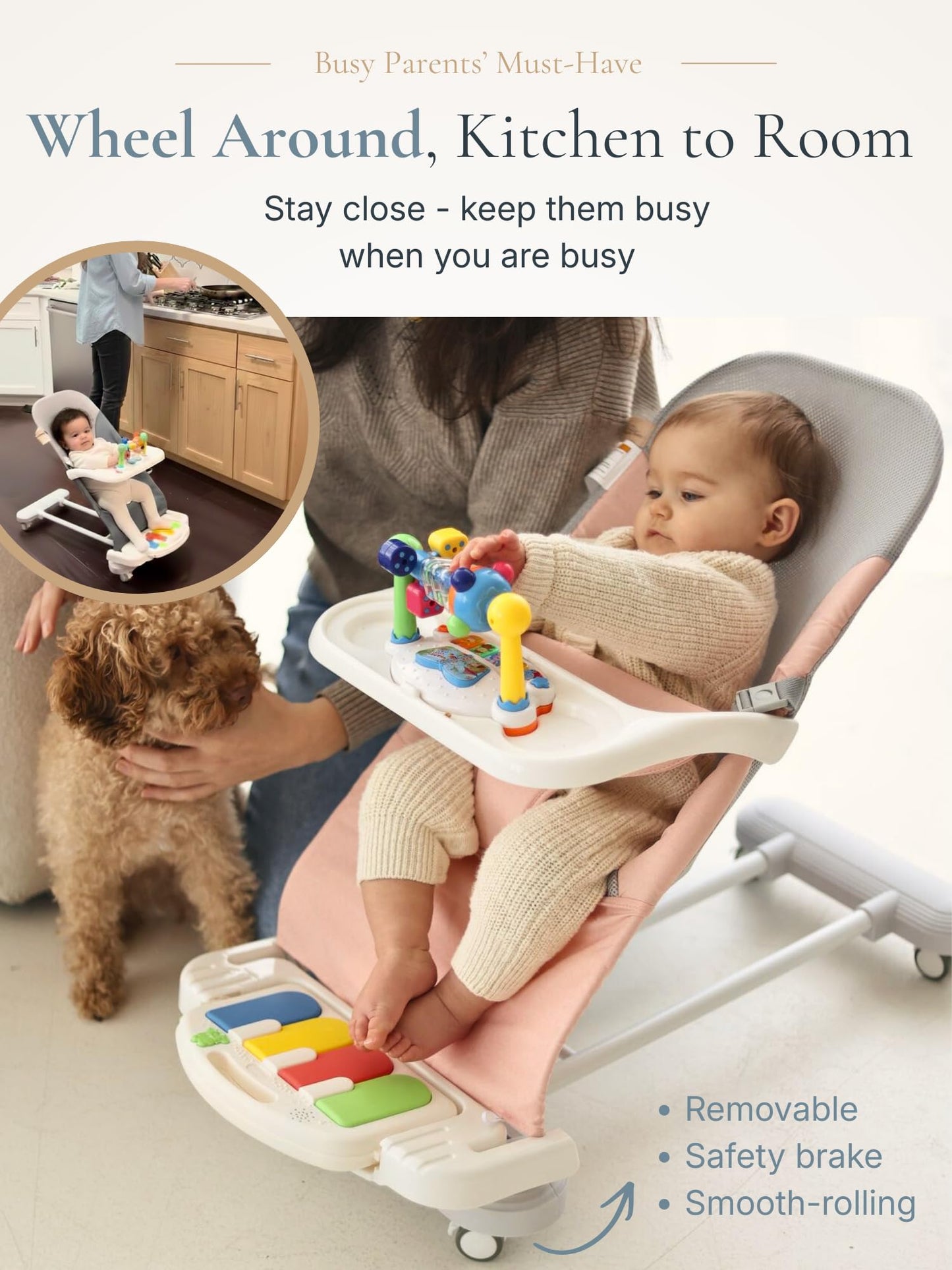 CuddoBaby infant bouncer with attached feeding tray