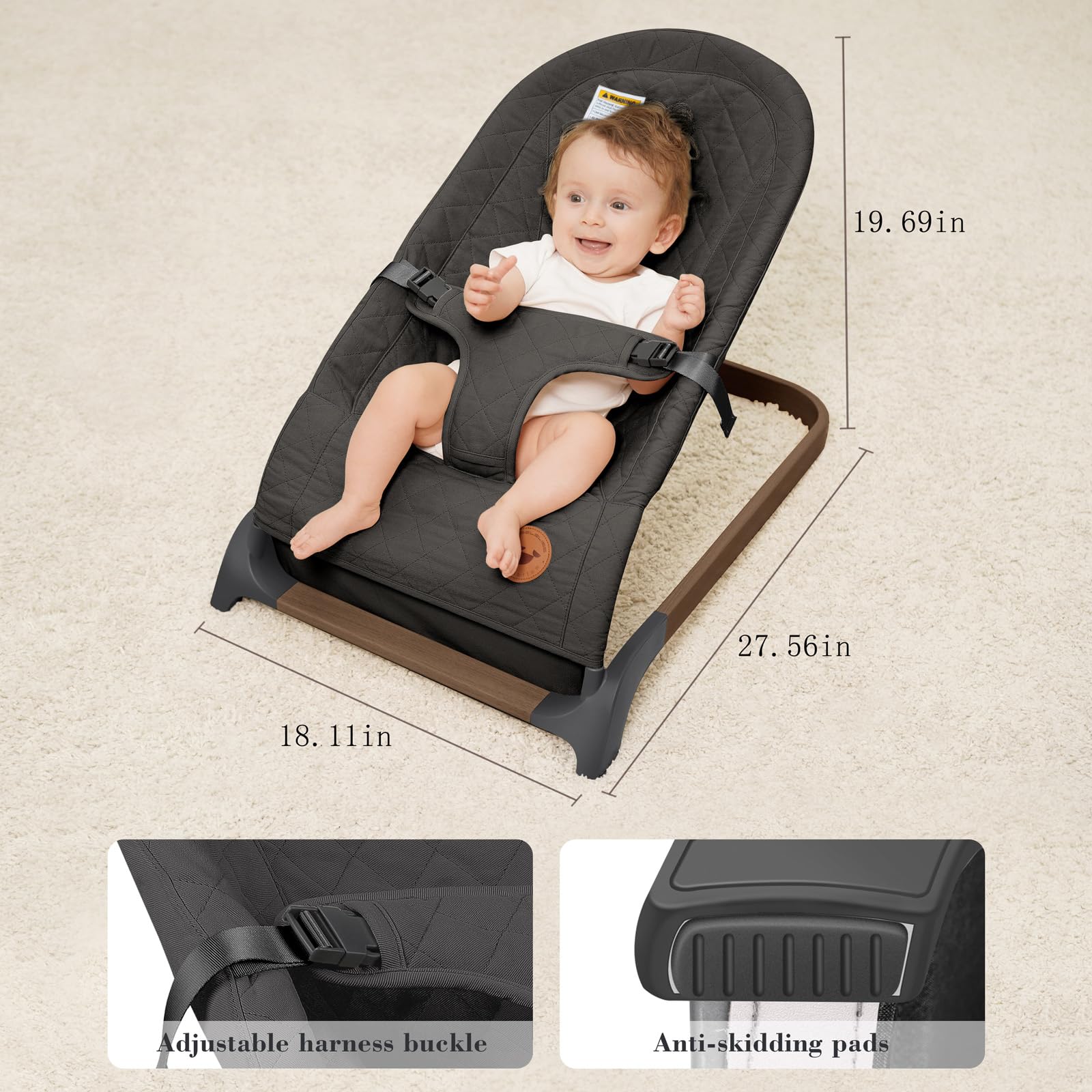 Top view of infant sitting in Angelbliss bouncer seat
