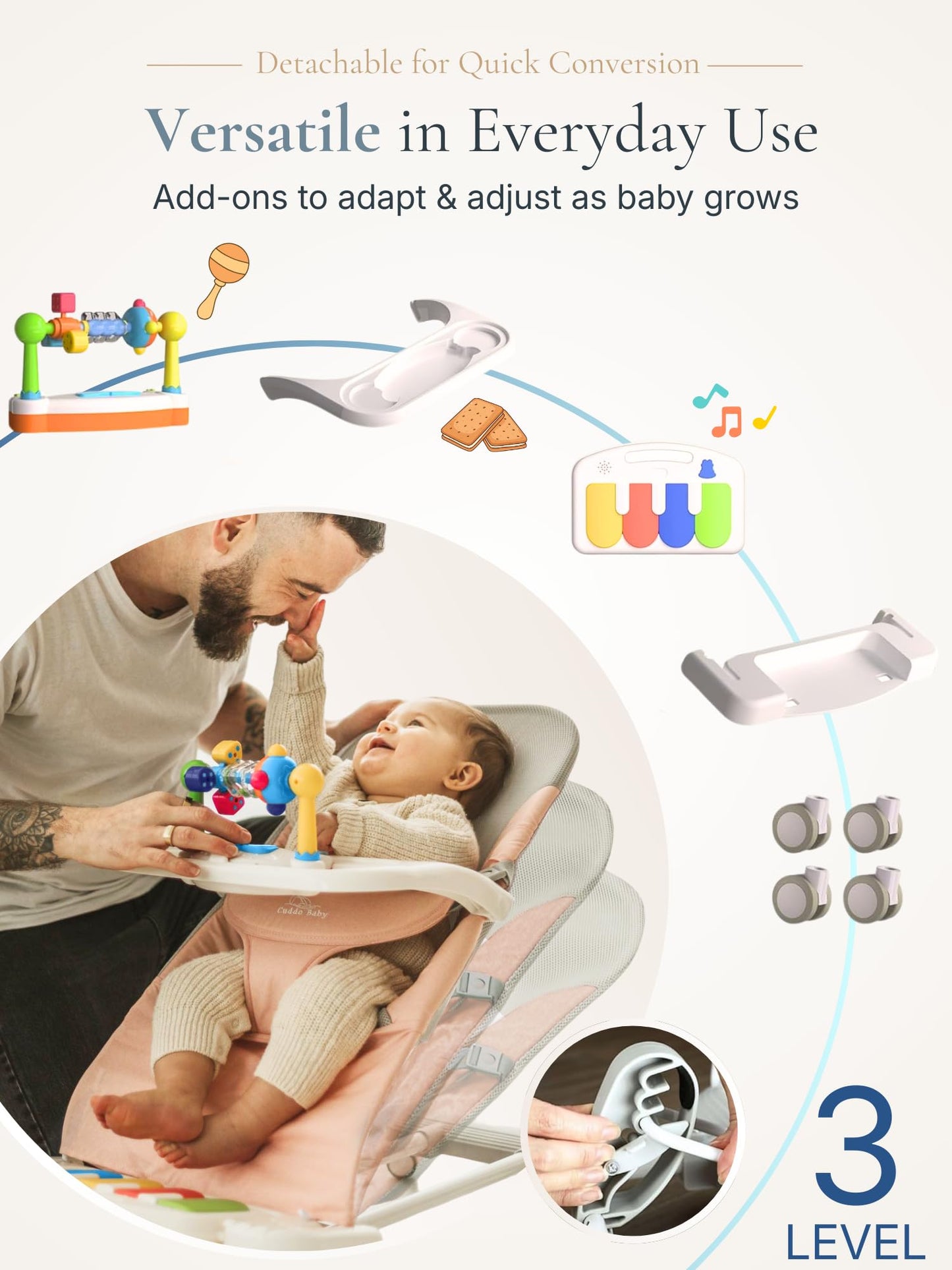 Side profile of CuddoBaby bouncer showing 3-level recline