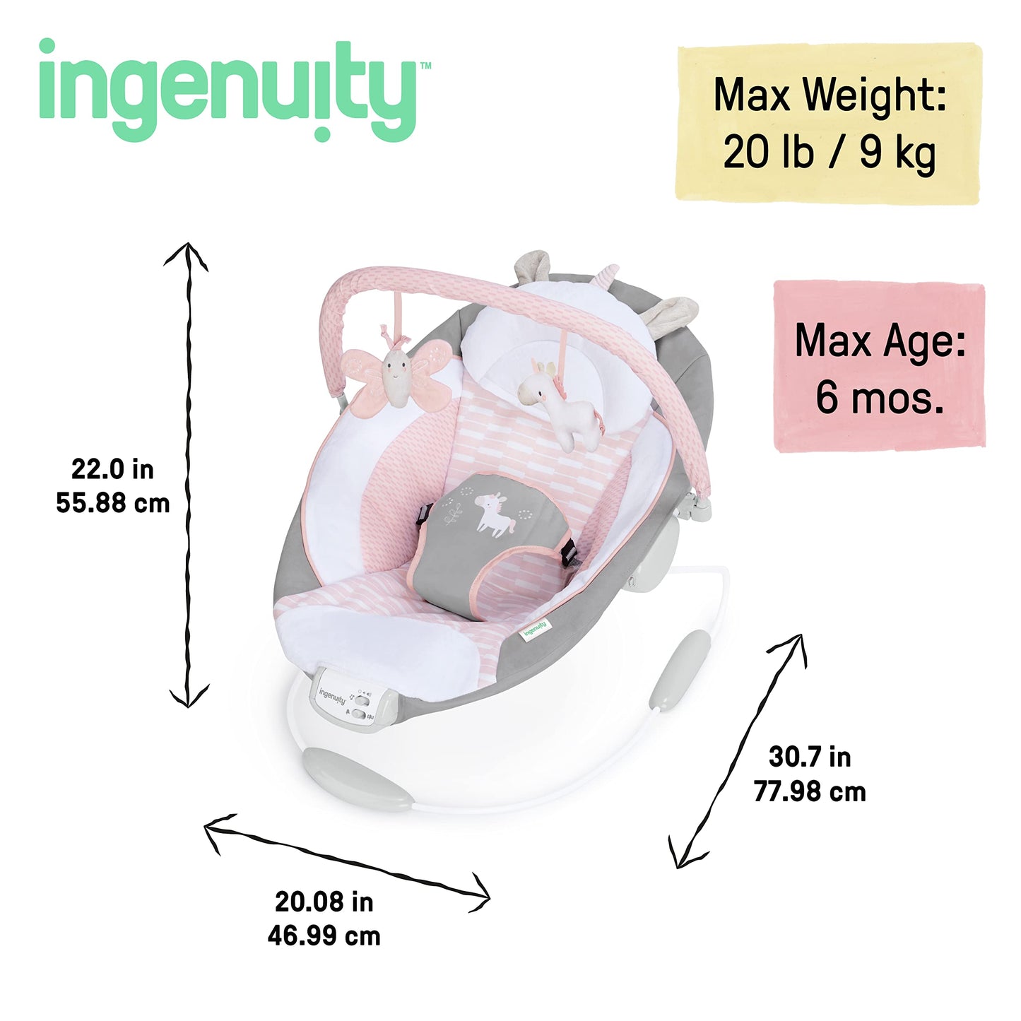 Side profile of Ingenuity baby bouncer with plush fabrics