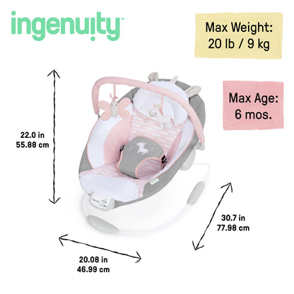 Side profile of Ingenuity baby bouncer with plush fabrics