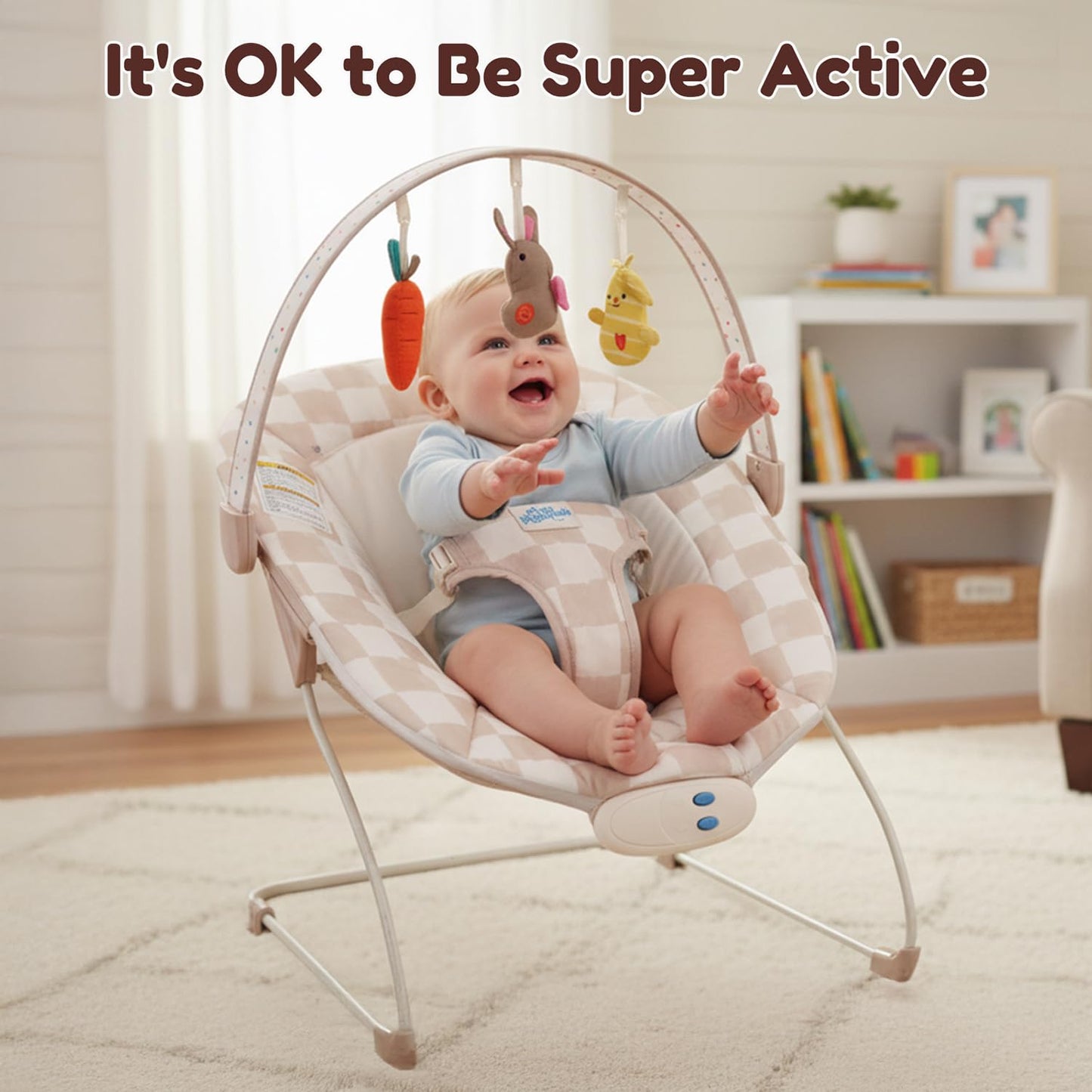 Side view of Tiny Marvels bouncer showing ergonomic recline