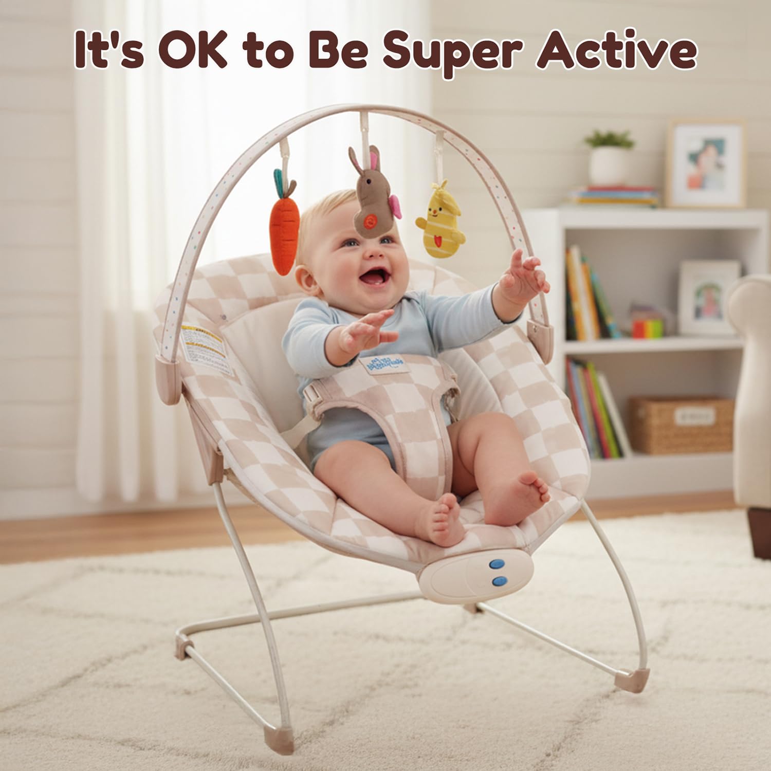 Side view of Tiny Marvels bouncer showing ergonomic recline